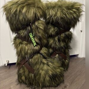 Dolls Kill Green Faux Fur Boots with Brown Straps